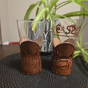 Vintage Libbey Bamco Brown Leather Wrapped Glass Set Tooled Bar Highball Cups